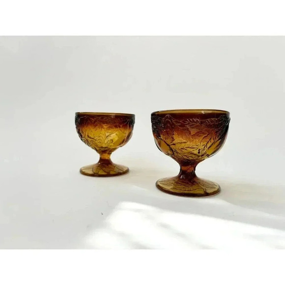 Vintage Brown + Gold set of 2 Glass Tiara Sweet Pear Amber Sherbert Dessert Cups - Picture 3 of 10